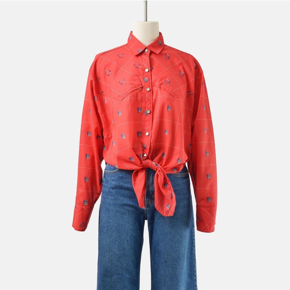 Vintage 80s Langtry Red Western Shirt Plaid Snap Button Cowboy Blouse Retro L